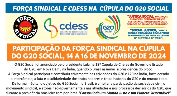 Confira a programação da Força Sindical no G20