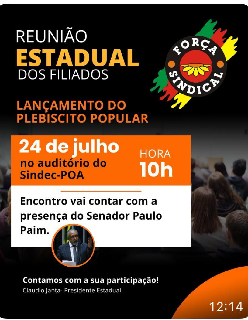 Força RS convoca filiados para lançamento de plebiscito popular