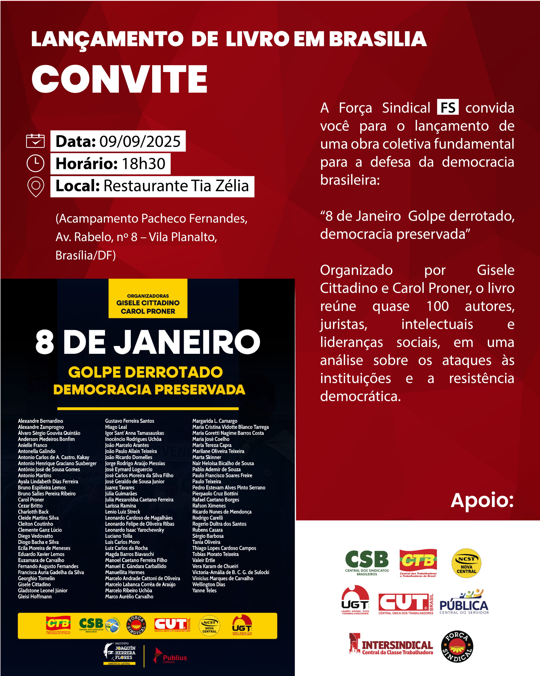Livro sobre resistência democrática após 8 de janeiro será lançado em Brasília