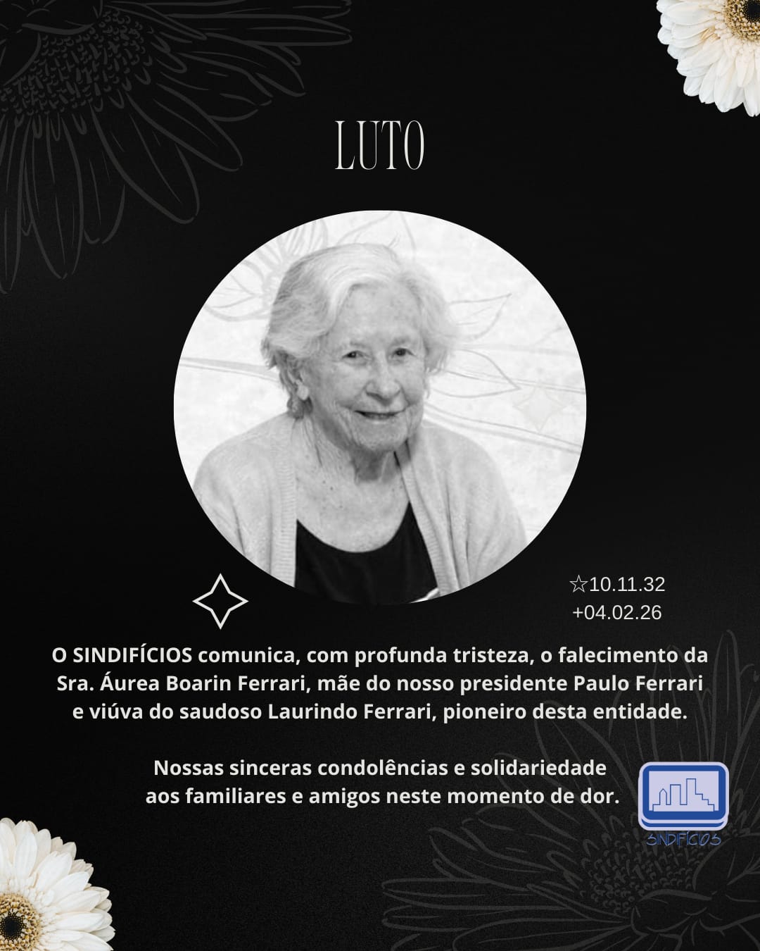 Sindifícios lamenta falecimento de Áurea Boarin Ferrari