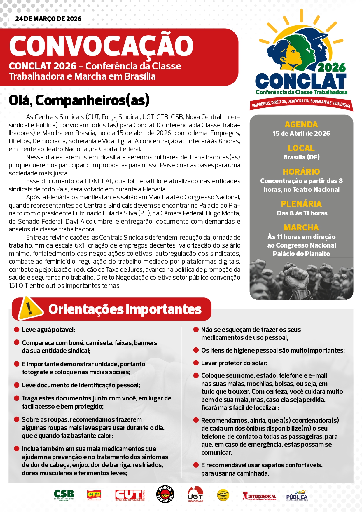 Centrais convocam Conclat 2026 e marcha em Brasília