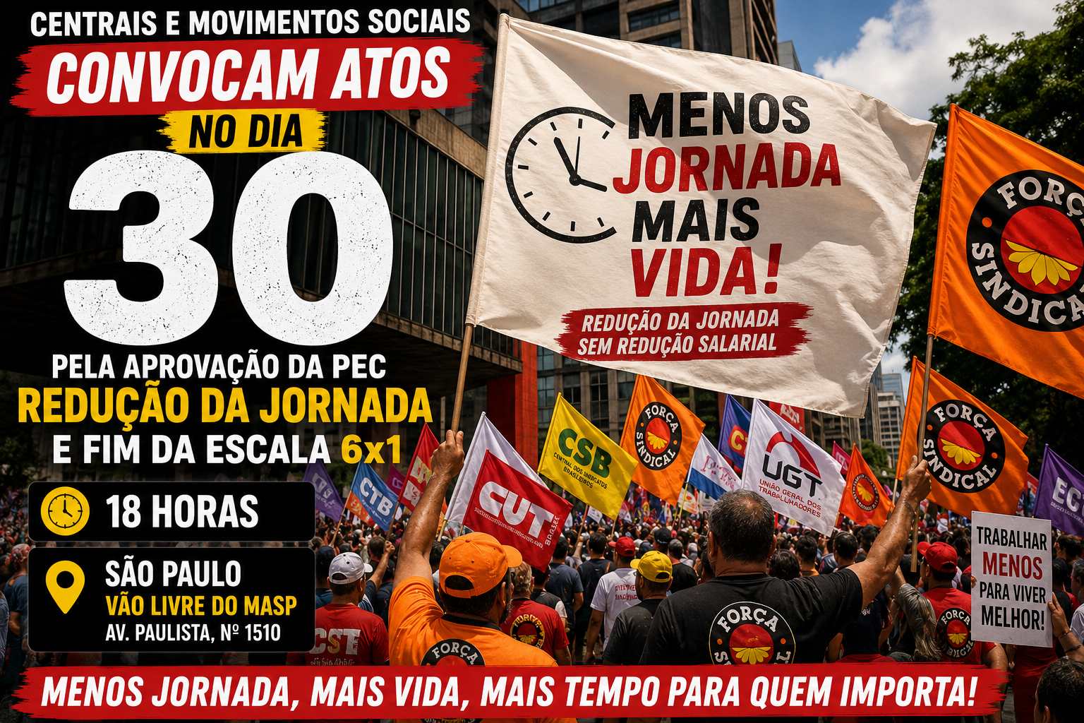 Centrais e movimentos sociais convocam atos no dia 30 pela redução da jornada e fim da escala 6×1