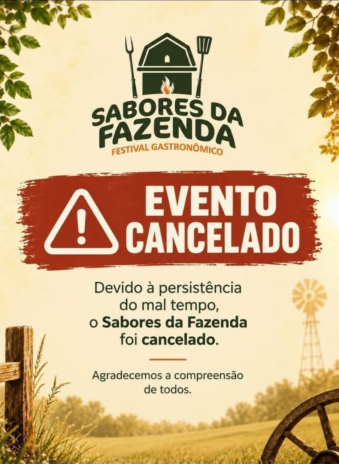 Sabores da Fazenda é cancelado devido ao mau tempo