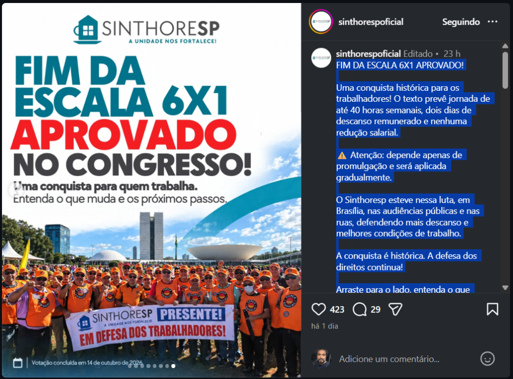 Sinthoresp celebra aprovação do fim da escala 6×1